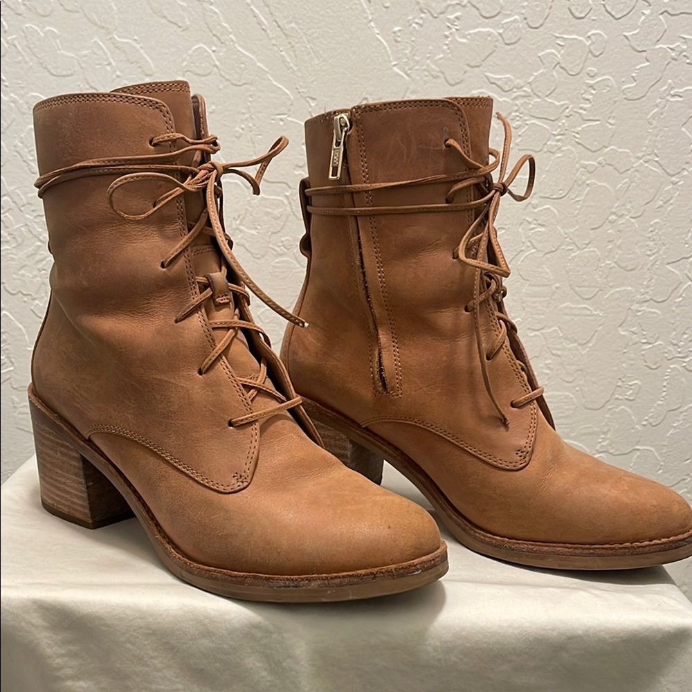 UGG Tan Lace Up Boots with Block Heel